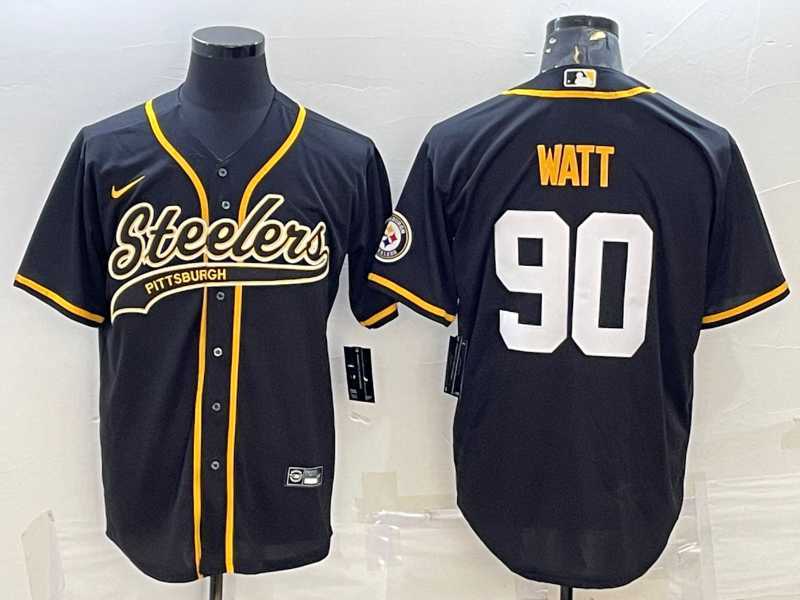 Men's Pittsburgh Steelers #90 TJ Watt Black With Patch Cool Base Stitched Baseball Jersey,We sell and wholesale Men's Pittsburgh Steelers #90 TJ Watt Black With Patch Cool Base Stitched Baseball Jersey on line form chian!